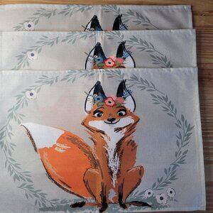 Set of 3 Woodland Fox Placemats, Table Mats, Table Linen, Table Decor, Green